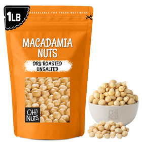 Oh! Nuts macadamia nuts dry roasted close-up, creamy texture ideal for snacking.