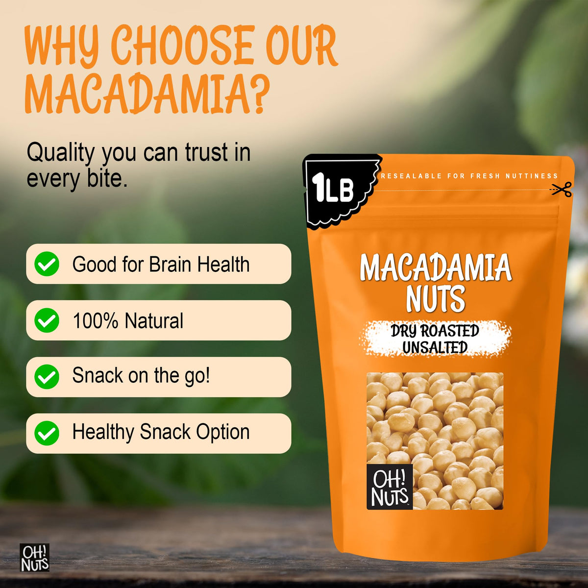 Oh! Nuts macadamia nuts in bag, perfect pantry staple for gluten-free diets.