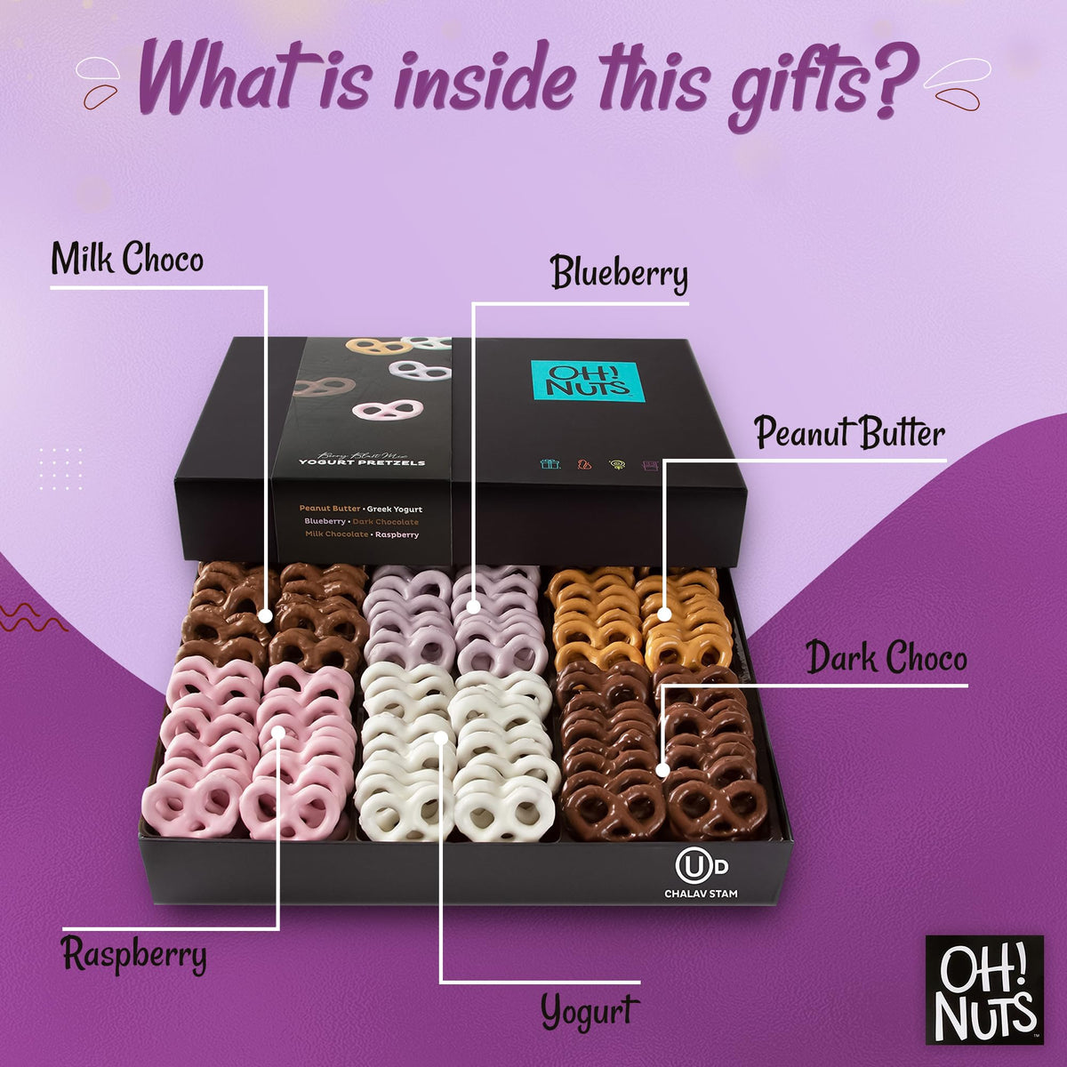Oh! Nuts mini pretzel twists assorted flavors showcase six-flavor variety for sharing.