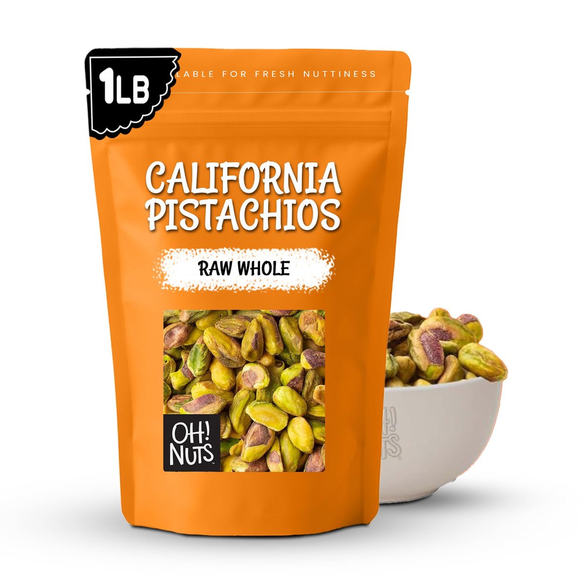 Oh! Nuts pistachios no shell raw, in a convenient zip-seal bag for easy snacking.
