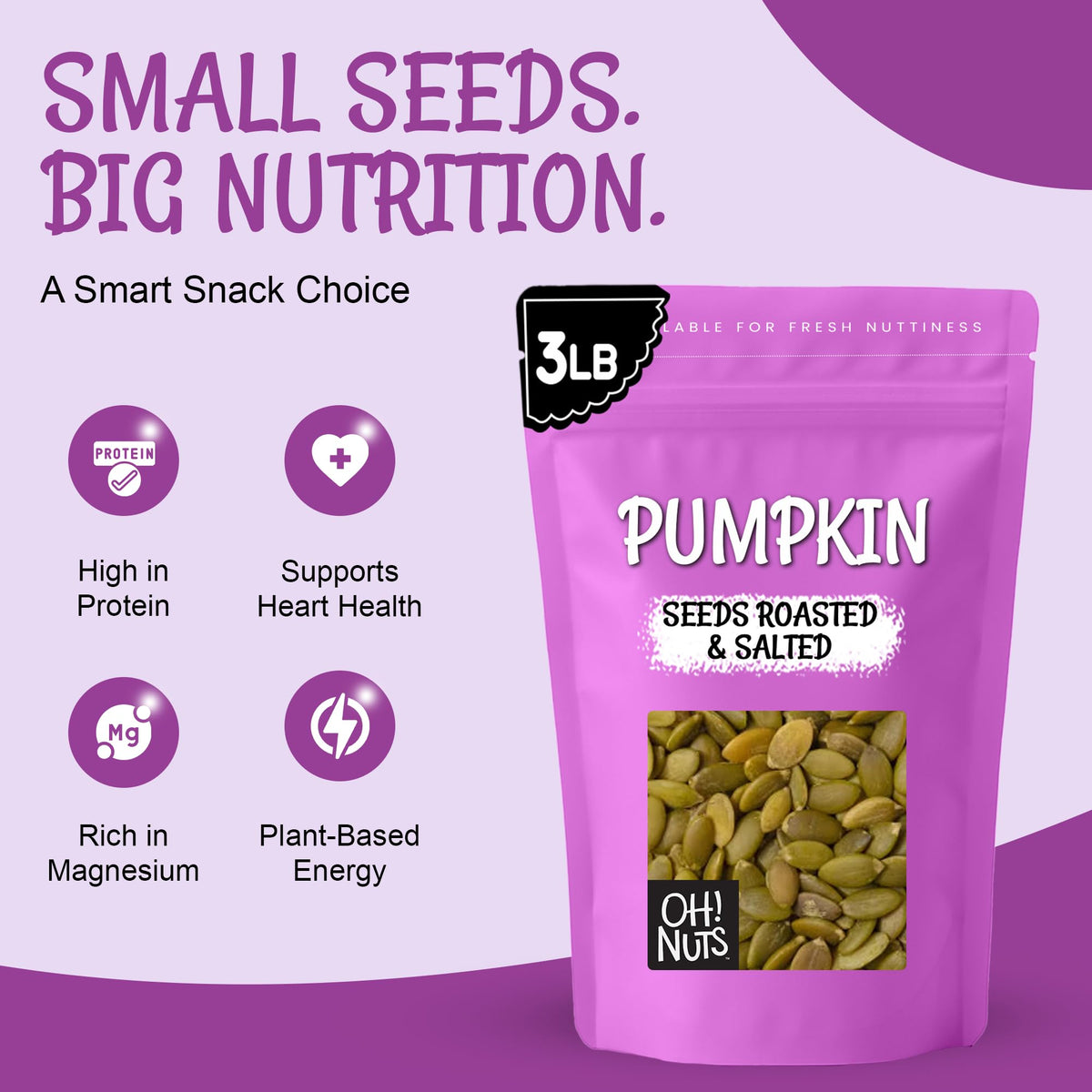 Oh! Nuts pumpkin seeds in a bowl, perfect snack with fiber and protein.