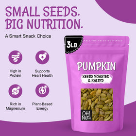 Oh! Nuts pumpkin seeds in a bowl, perfect snack with fiber and protein.