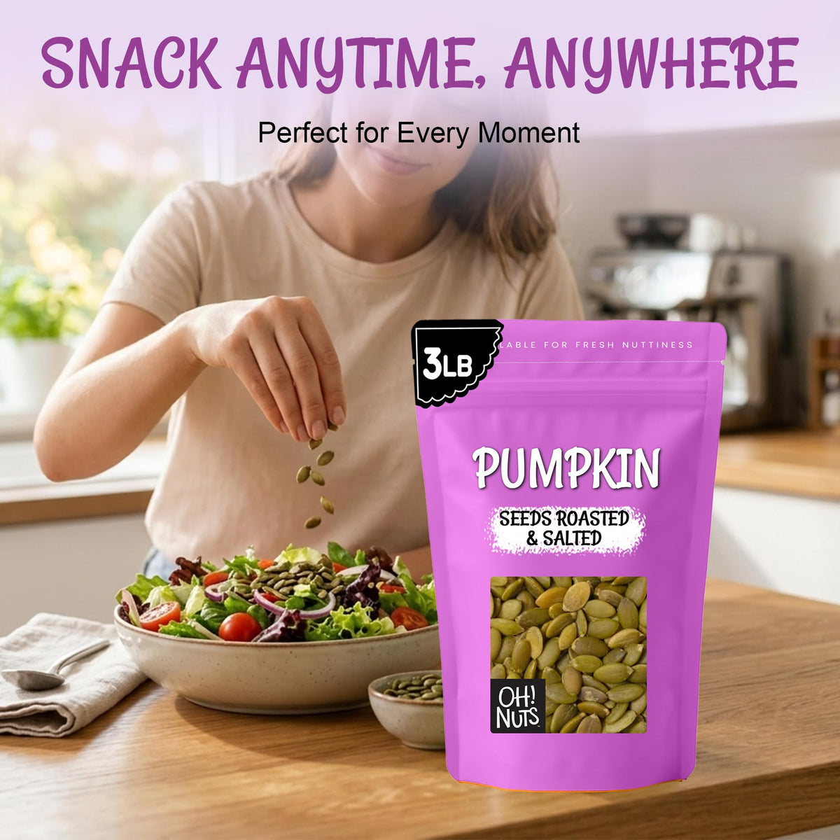 Opened zip-seal bag keeps Oh! Nuts pumpkin seeds fresh after opening.