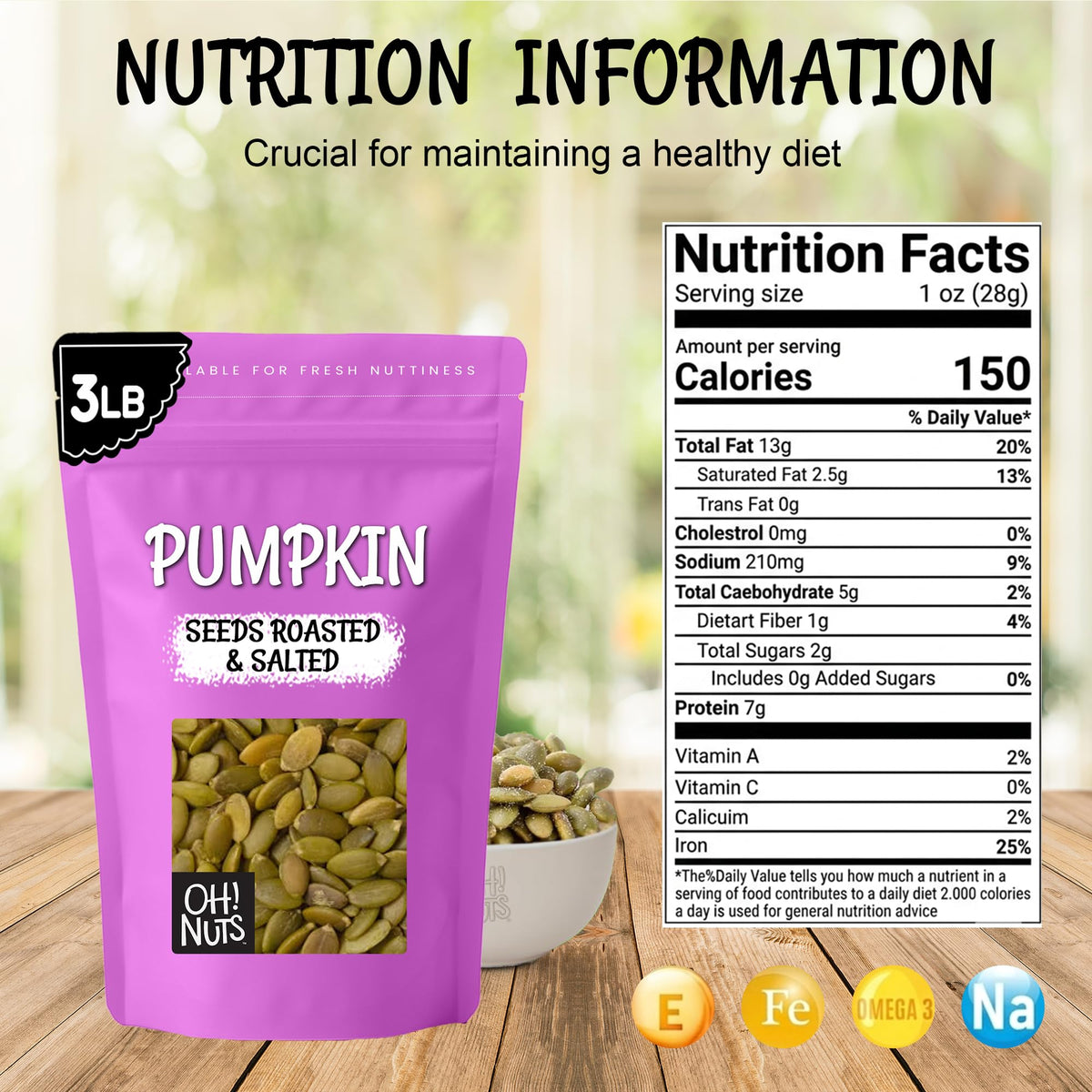 Close-up of Oh! Nuts pumpkin seeds roasted for a crunchy, satisfying bite.