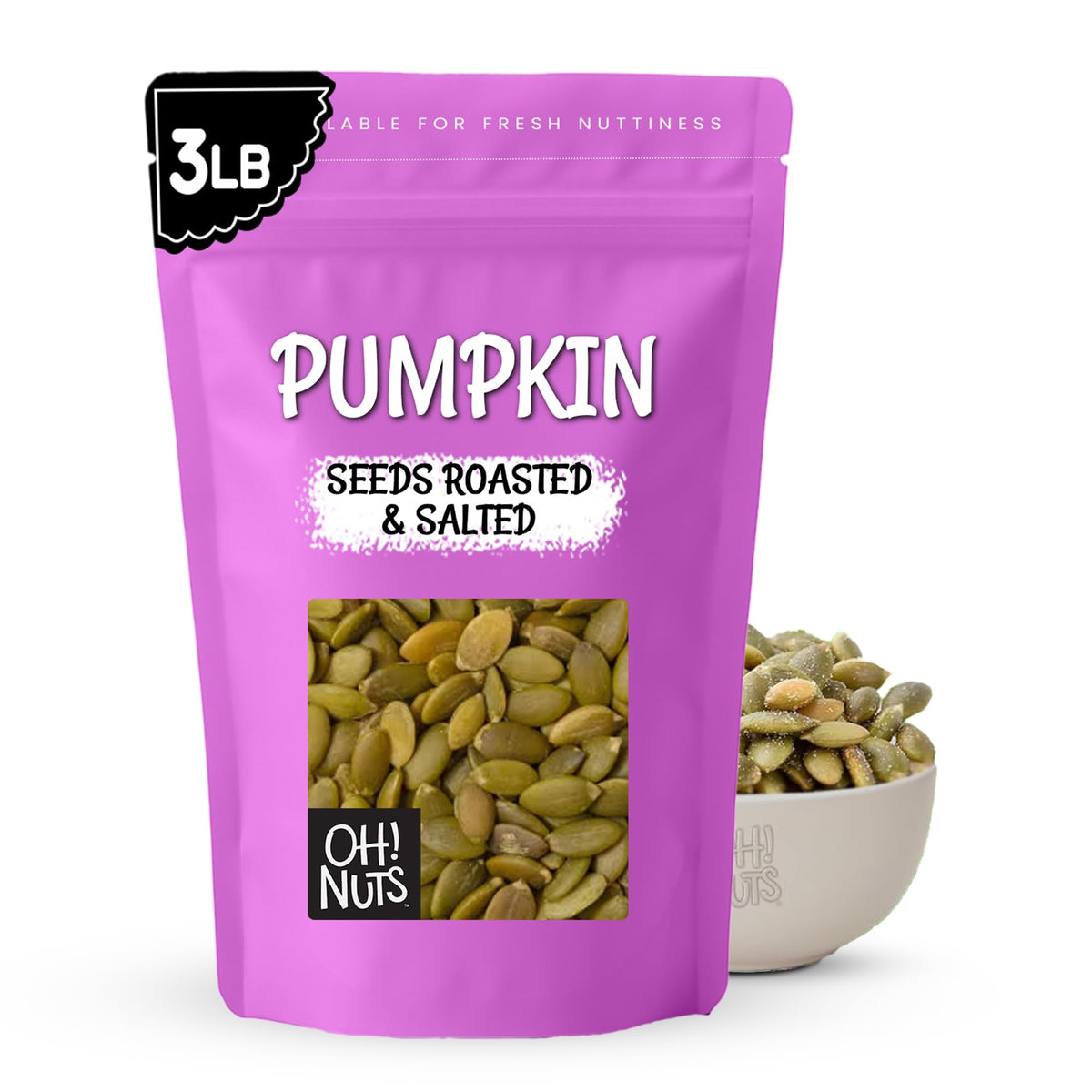 Oh! Nuts pumpkin seeds roasted and salted in a 3 lb zip-seal bag for freshness.