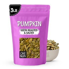 Oh! Nuts pumpkin seeds roasted and salted in a 3 lb zip-seal bag for freshness.