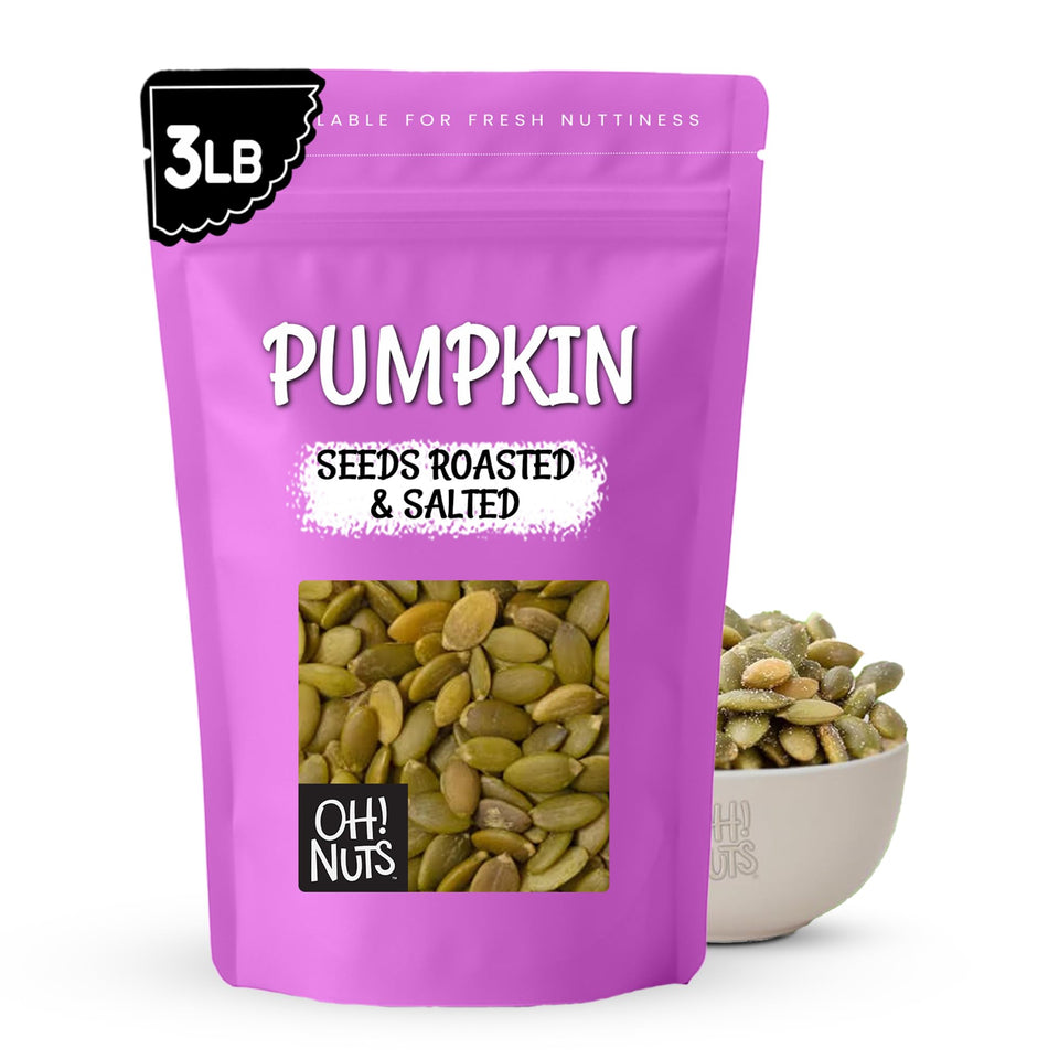 Oh! Nuts pumpkin seeds roasted and salted in a 3 lb zip-seal bag for freshness.