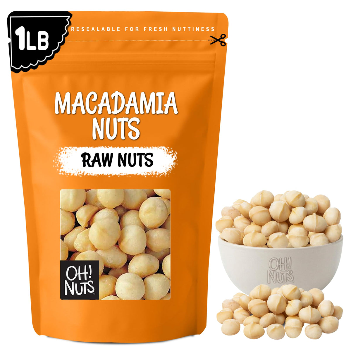 Oh! Nuts jumbo raw macadamia nuts in a resealable bag for peak freshness.