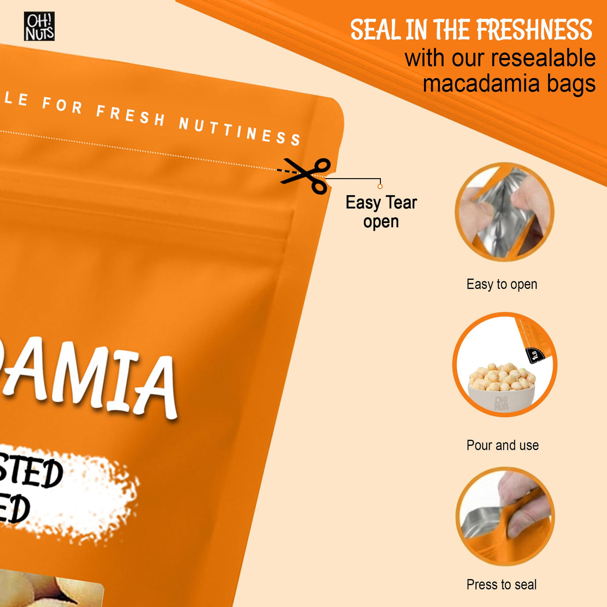 Packaging of Oh! Nuts salted macadamia nuts in bulk 1 lb bag
