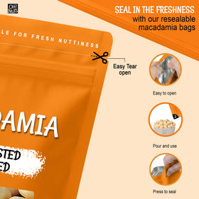 Packaging of Oh! Nuts salted macadamia nuts in bulk 1 lb bag