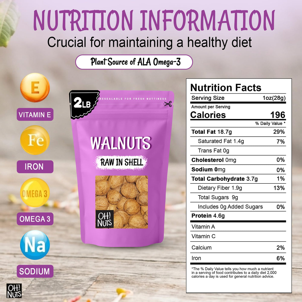Oh! Nuts Walnuts in Shell closeup — natural texture and freshness visible in each shell.
