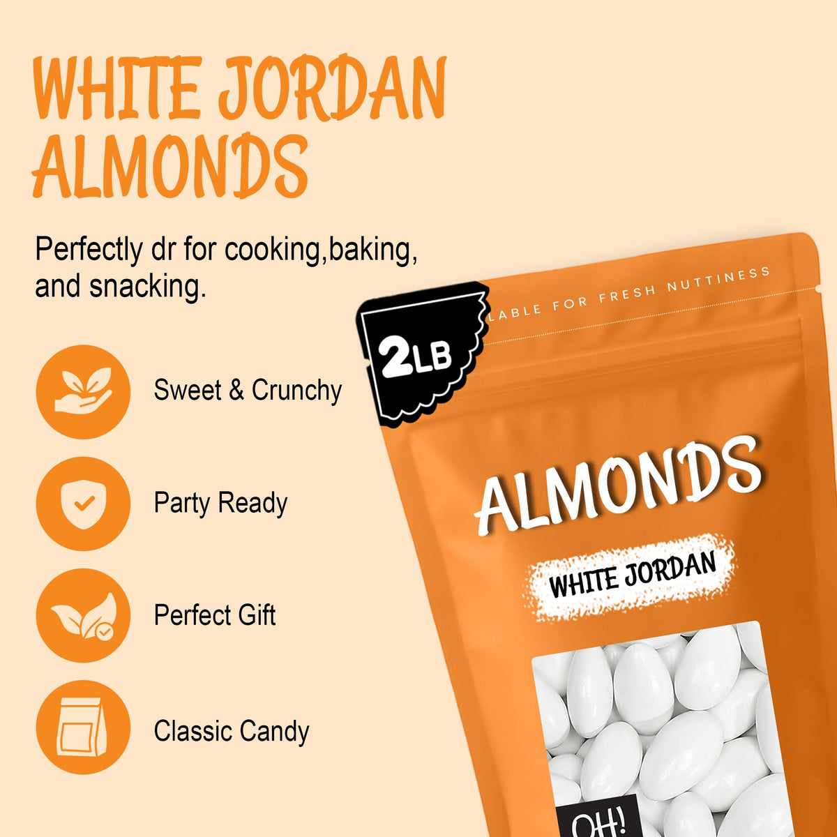 Open 2 lb bag of Oh! Nuts White Jordan Almonds ready for party servings.