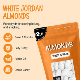 Open 2 lb bag of Oh! Nuts White Jordan Almonds ready for party servings.