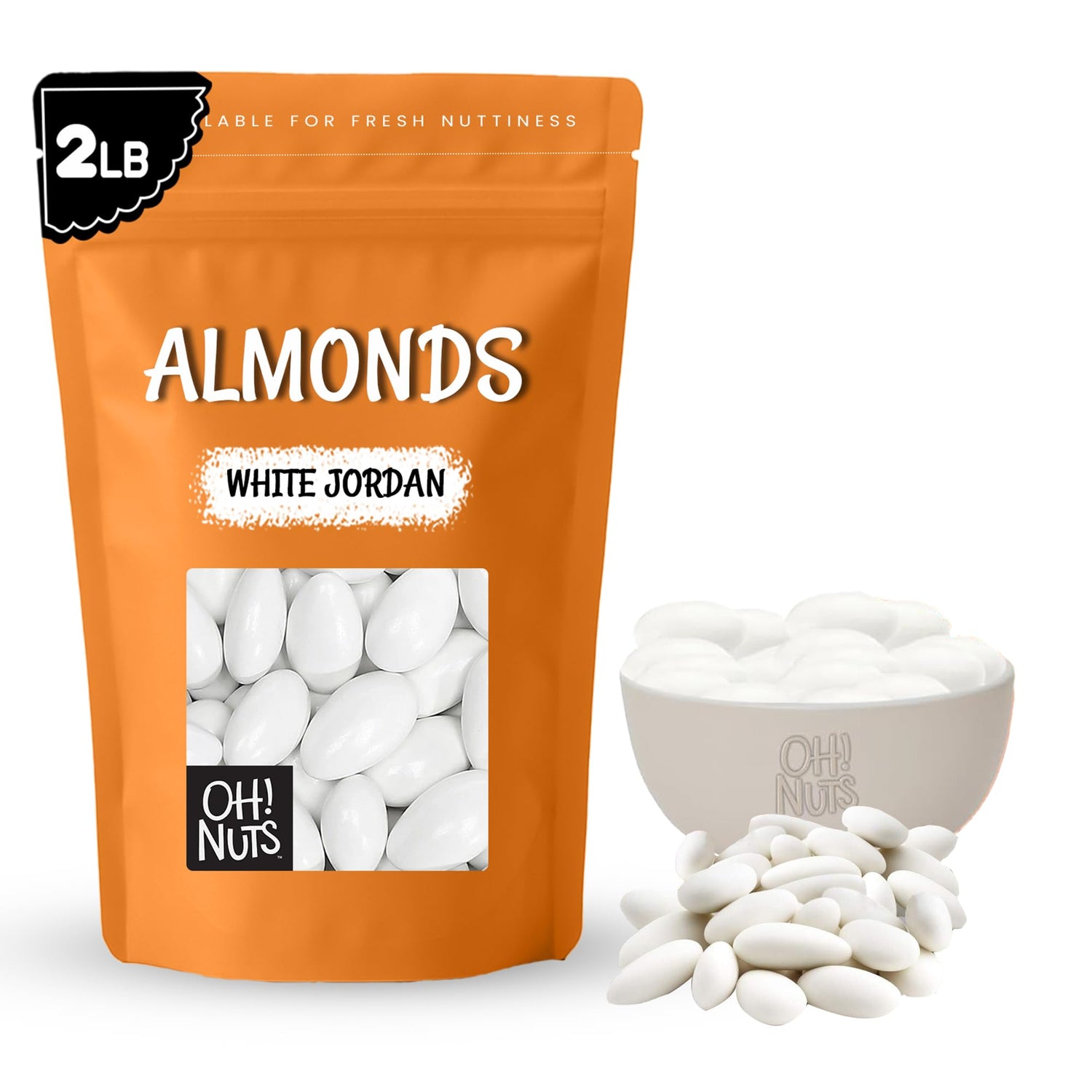 Oh! Nuts White Jordan Almonds packaging close-up, highlighting premium freshness for celebrations.
