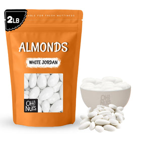 Oh! Nuts White Jordan Almonds packaging close-up, highlighting premium freshness for celebrations.