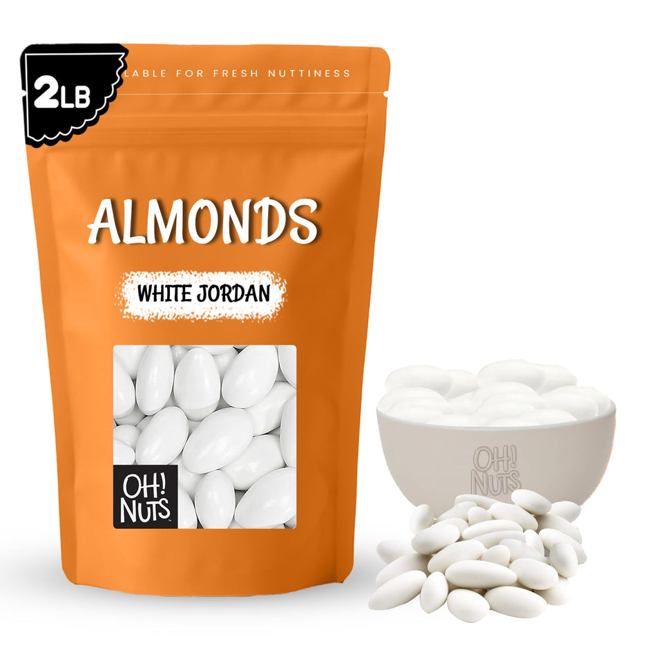 Oh! Nuts White Jordan Almonds packaging close-up, highlighting premium freshness for celebrations.