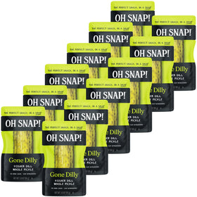 Oh Snap Gone Dilly whole pickle jar shows fresh, crunchy flavor for snacking at home