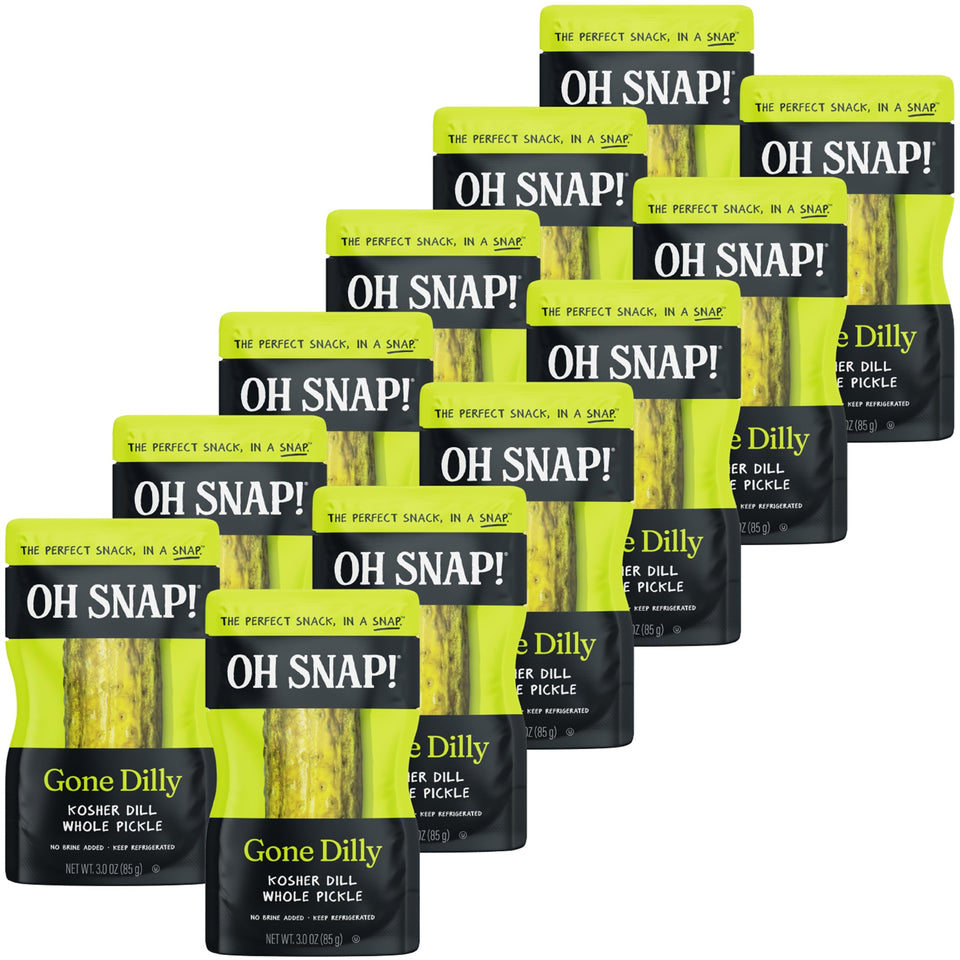 Oh Snap Gone Dilly whole pickle jar shows fresh, crunchy flavor for snacking at home