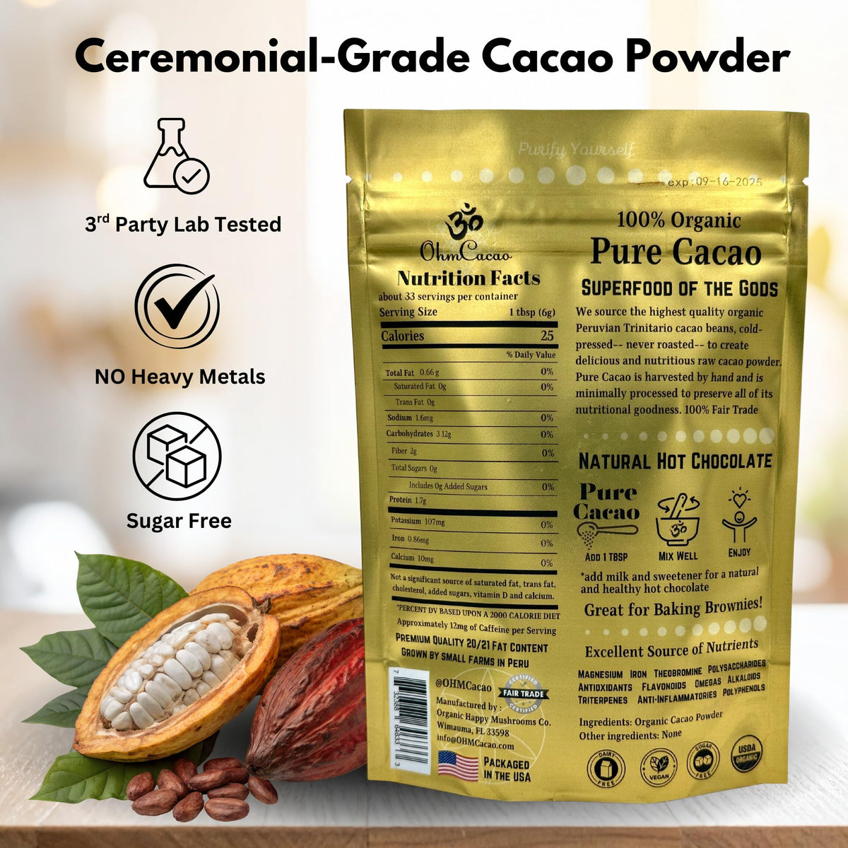 OHM Cacao ceremonial-grade powder closeup highlighting premium aroma for bold recipes