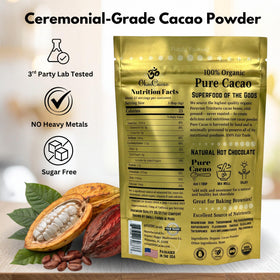 OHM Cacao ceremonial-grade powder closeup highlighting premium aroma for bold recipes