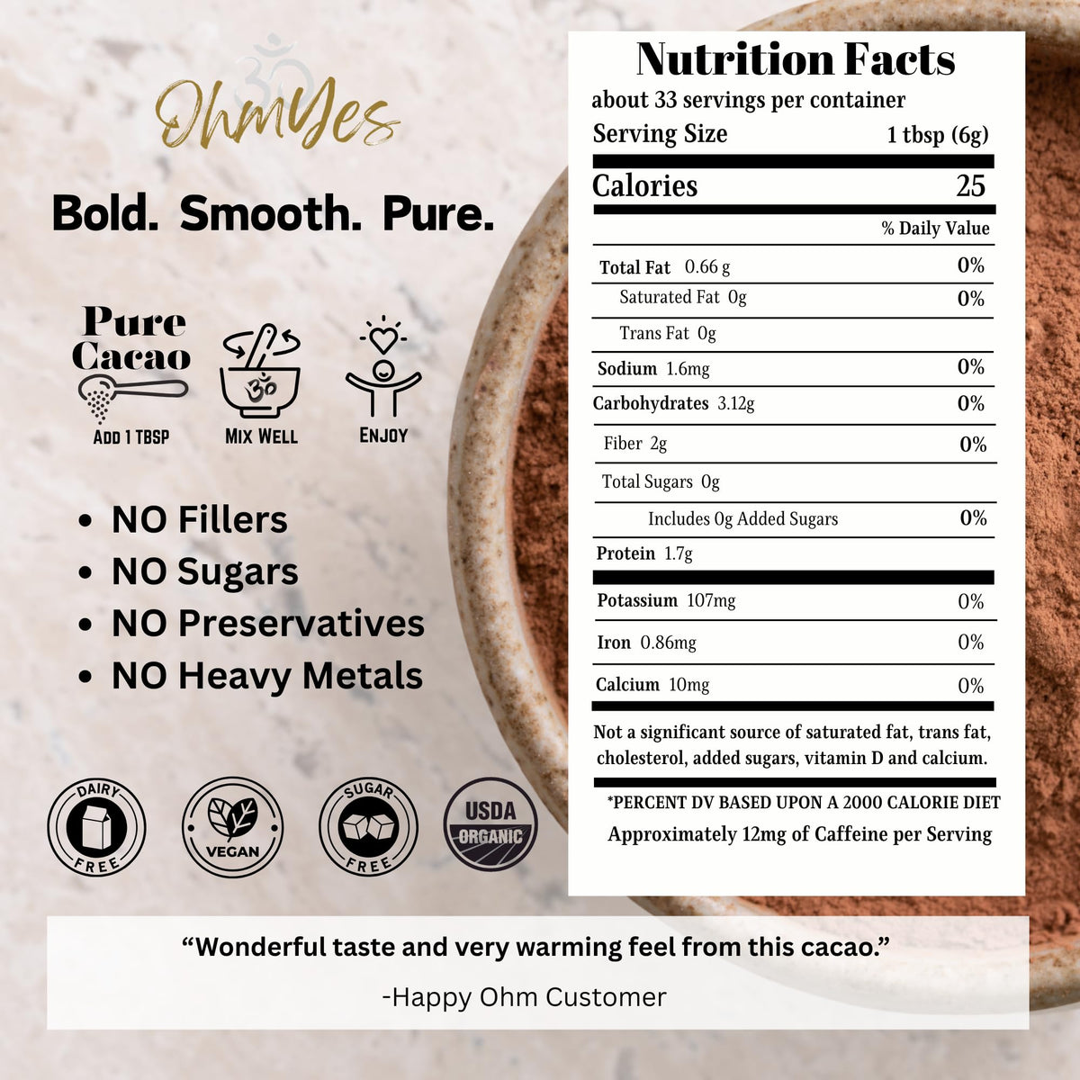 OHM Cacao hot chocolate mug serve offering a deep, comforting flavor