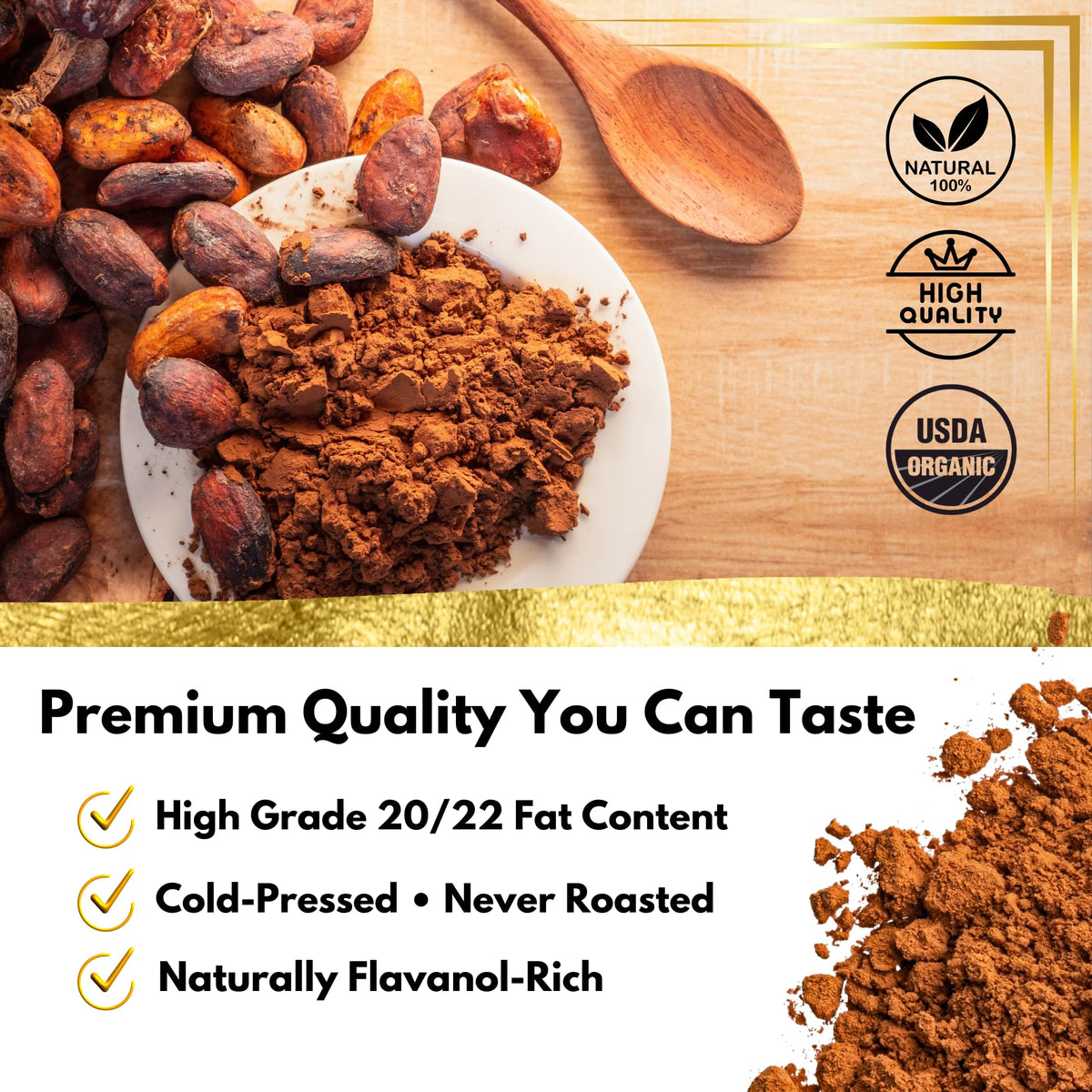 OHM Cacao unsweetened powder with dispensing scoop for clean, versatile use