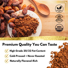 OHM Cacao unsweetened powder with dispensing scoop for clean, versatile use