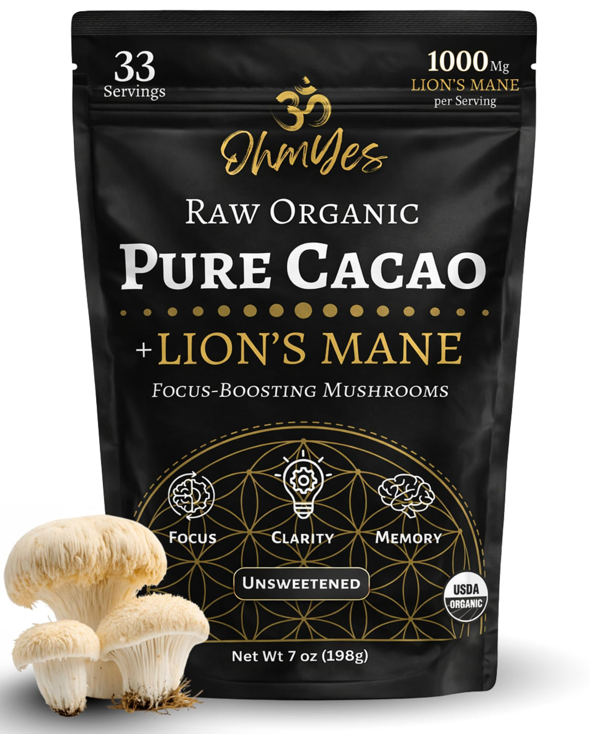 OhmYes Lions Mane Cacao powder jar for a smooth daily cacao drink.