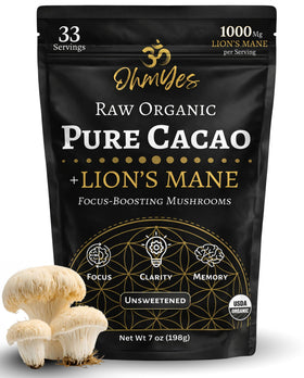 OhmYes Lions Mane Cacao powder jar for a smooth daily cacao drink.