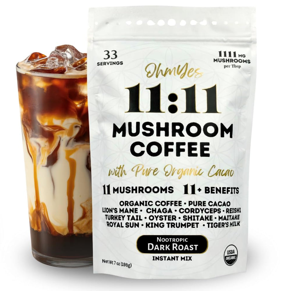 OhmYes Mocha Mushroom Coffee bag shows 11-mushroom blend for steady energy.
