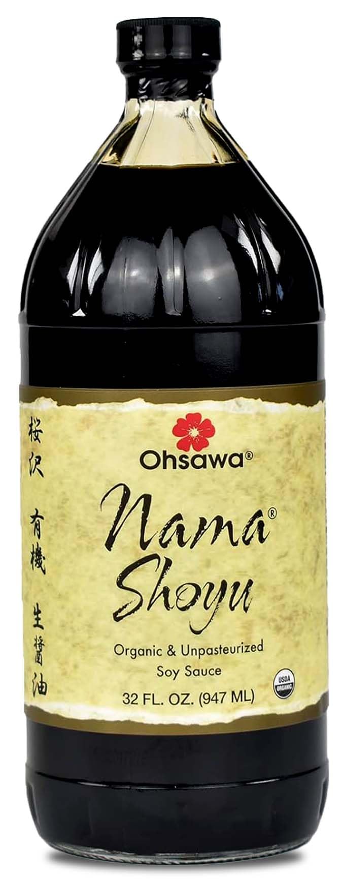 Ohsawa Nama Shoyu amber bottle close-up highlighting rich umami for sushi and noodles.