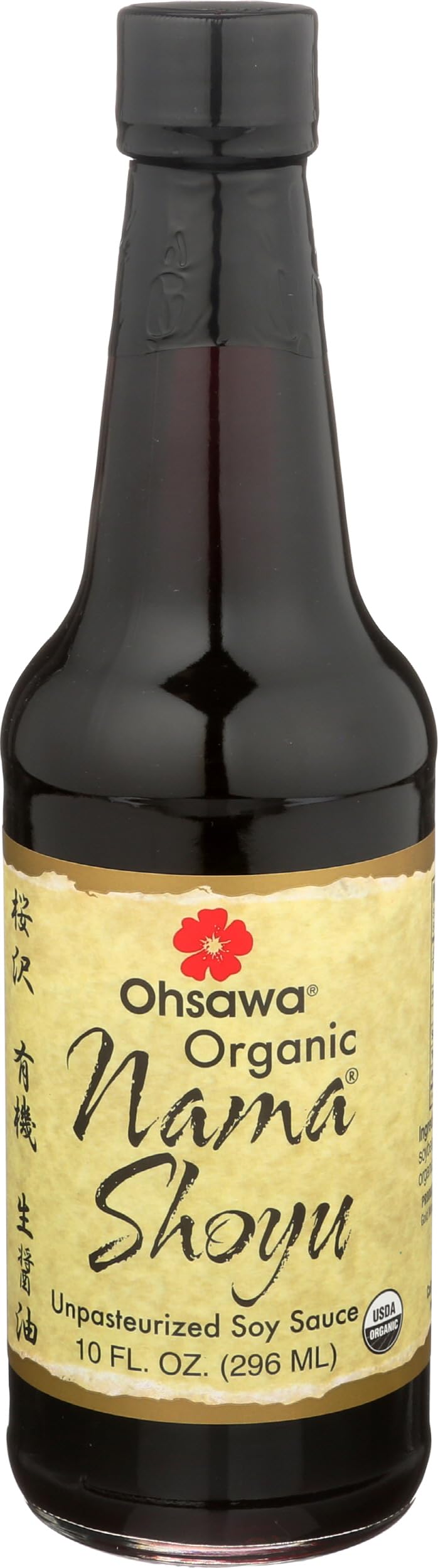 Ohsawa Nama Shoyu bottle on a wooden table, premium glass packaging, enhancing sushi and marinades.