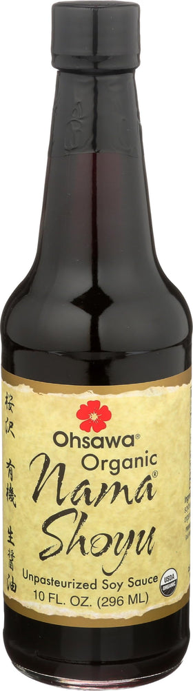Ohsawa Nama Shoyu bottle on a wooden table, premium glass packaging, enhancing sushi and marinades.