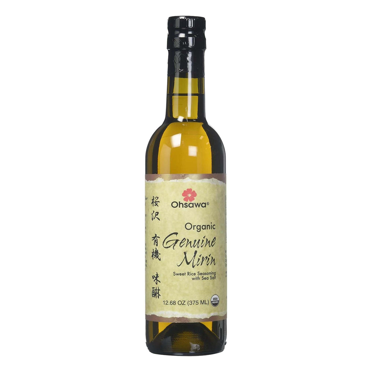 Ohsawa Organic Genuine Mirin bottle shows a rich golden glaze, ideal for sauces.