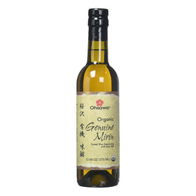 Ohsawa Organic Genuine Mirin bottle shows a rich golden glaze, ideal for sauces.