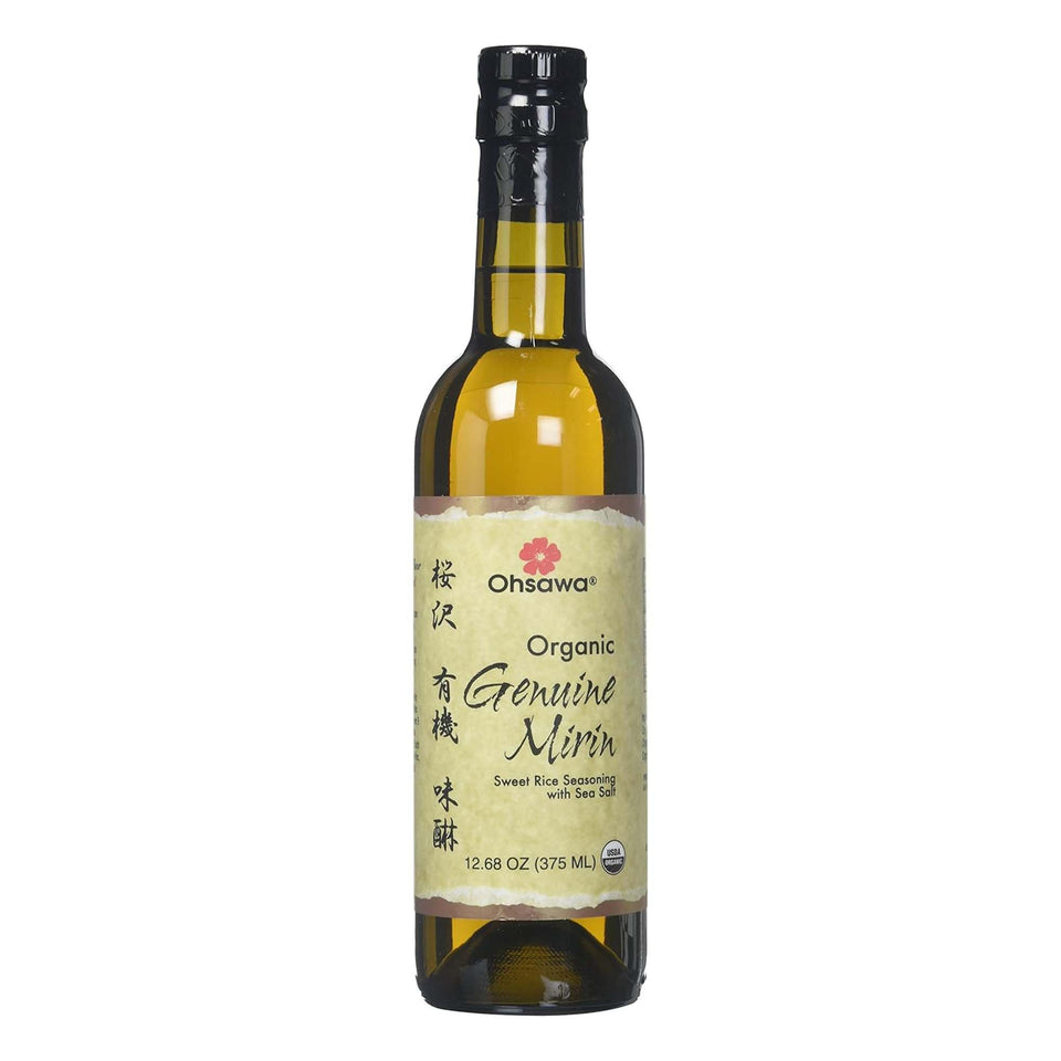 Ohsawa Organic Genuine Mirin bottle shows a rich golden glaze, ideal for sauces.