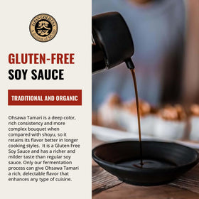 Ohsawa Tamari bottle beside marinade bowl suggesting reduced-sodium flavor