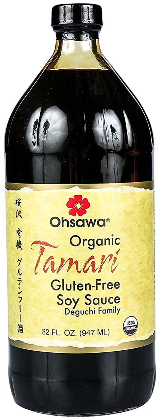 Ohsawa Tamari bottle pouring, gluten-free flavor for marinades and stir-fries