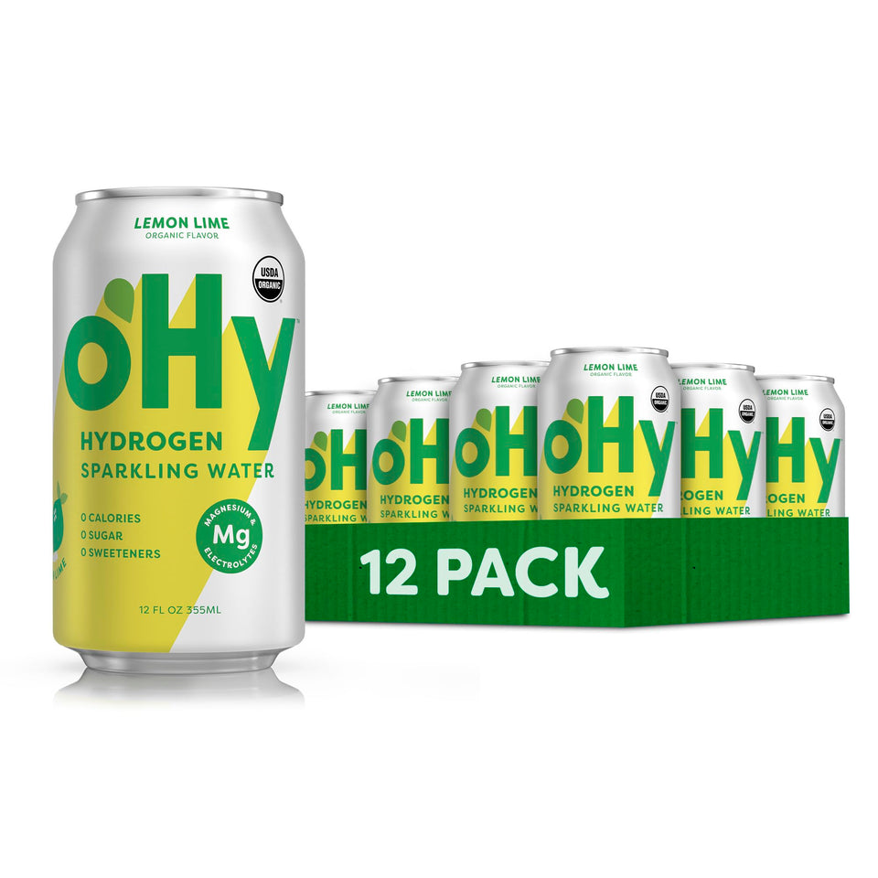 oHy hydrogen sparkling water can closeup with smooth bubbles for refreshing hydration.
