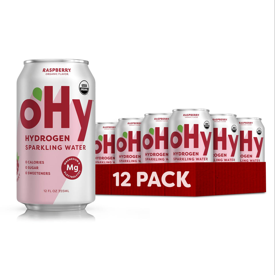 oHy Raspberry hydrogen sparkling water can front promotes smooth hydration