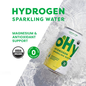 oHy lemon lime flavor can on bright surface emphasizes zero calories.