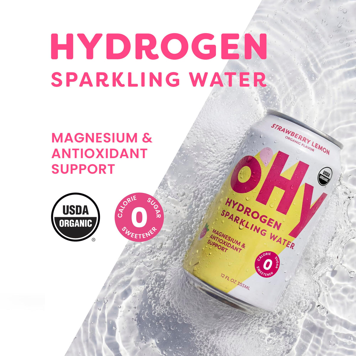 oHy magnesium-infused sparkling water can closeup highlighting balanced hydration.