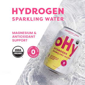 oHy magnesium-infused sparkling water can closeup highlighting balanced hydration.