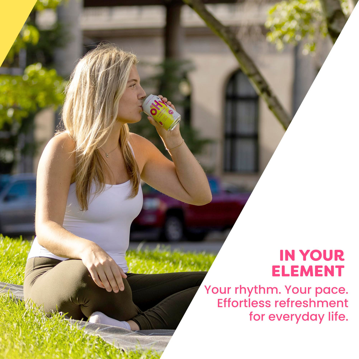oHy refreshing bubbles in a glass illustrate easy daily hydration.