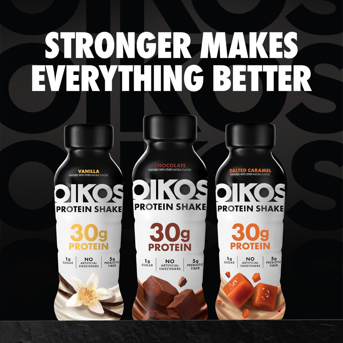 Oikos Chocolate Protein Shake on a kitchen shelf for easy access
