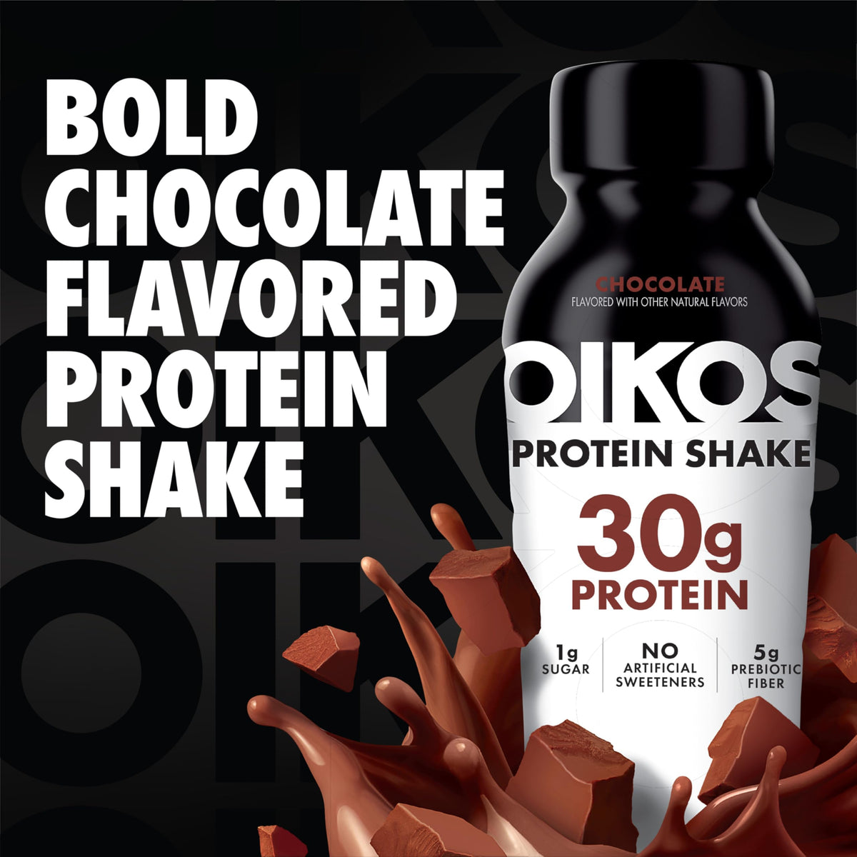 Oikos Chocolate Protein Shake pouring into a glass for quick daytime energy