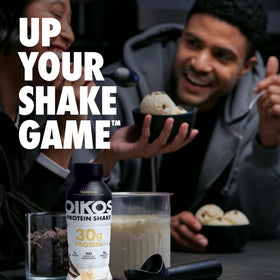 Oikos Chocolate Protein Shake side packaging on a store shelf