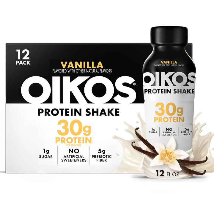 Oikos Vanilla Protein Shake bottle with 30g protein per serving for workouts