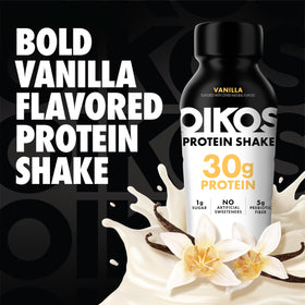 Pouring Oikos Vanilla Shake illustrates convenient on-the-go protein