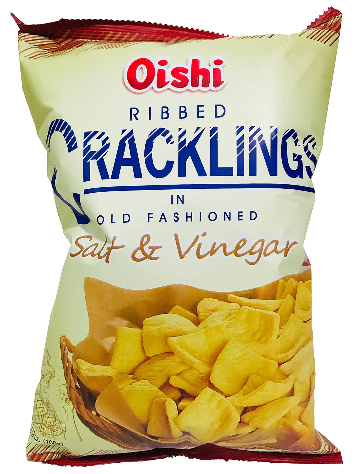Oishi Cracklings beer-match 90g 3-pack, ribbed texture ideal for beer pairing.